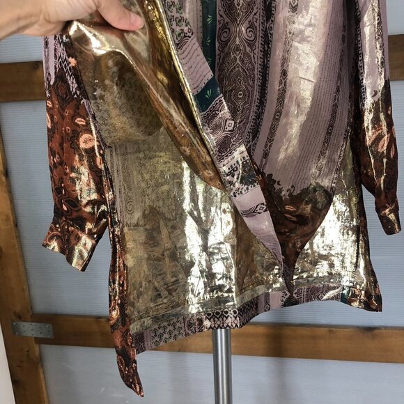 ETRO Metallic Silk Patterned Print Long Sleeve Side Slit Tunic Blouse Sz 44 ITA - Picture 6 of 16